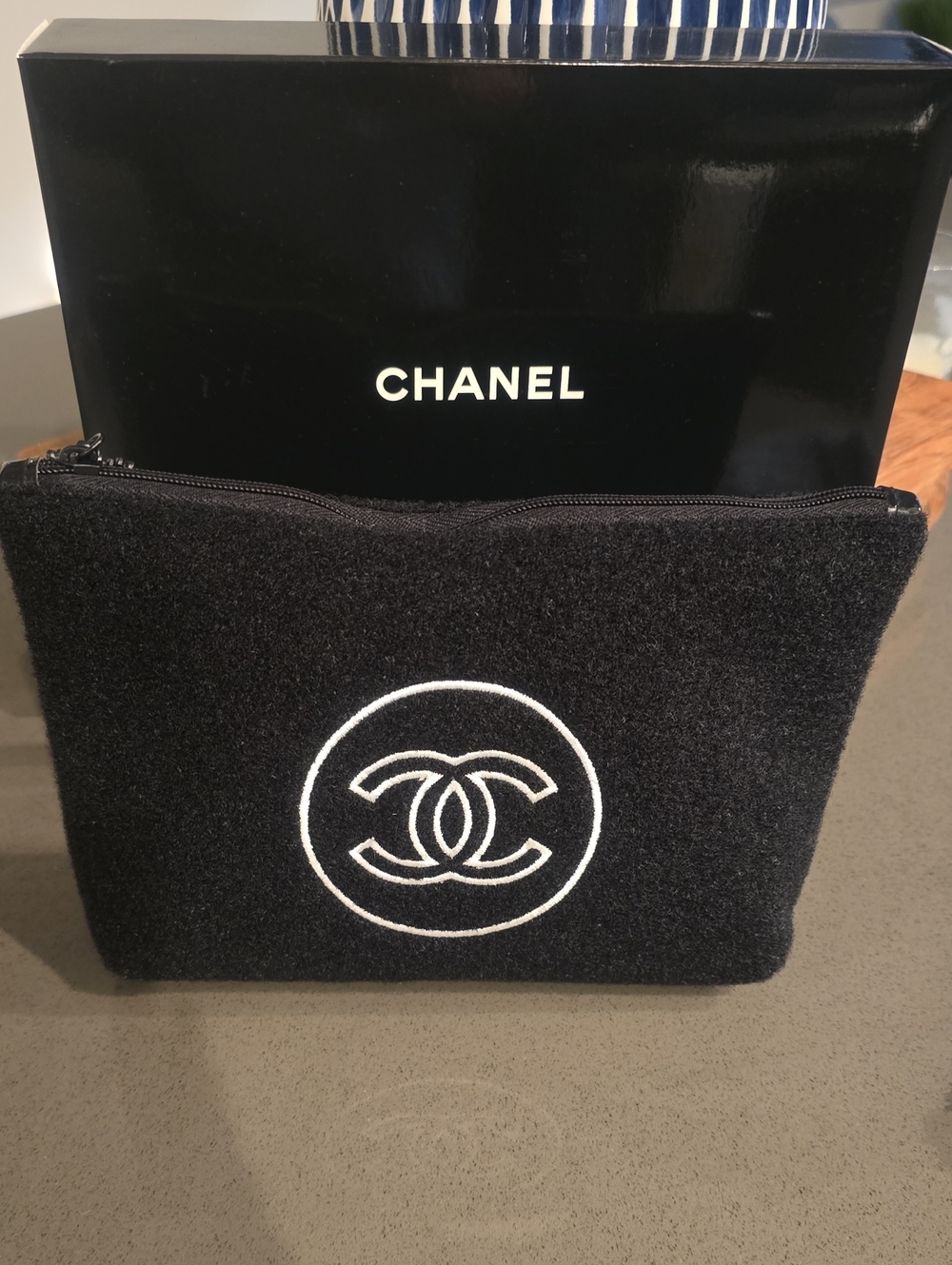CHANEL Black and White Embroidered CC Toiletry Pouch